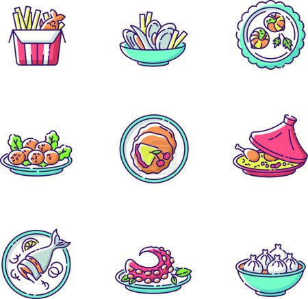 Téléchargez les illustrations : "Restaurant dishes RGB color icons set" - en licence libre de droit