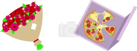 Ilustración de "Pizza and roses flat color vector objects set" - Imagen libre de derechos