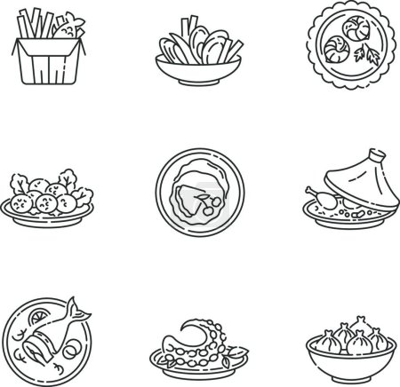 Téléchargez les illustrations : "Restaurant dishes pixel perfect linear icons set" - en licence libre de droit