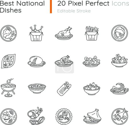 Téléchargez les illustrations : "Best national dish pixel perfect linear icons set" - en licence libre de droit