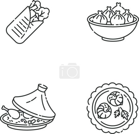 Téléchargez les illustrations : "Traditional dish pixel perfect linear icons set" - en licence libre de droit