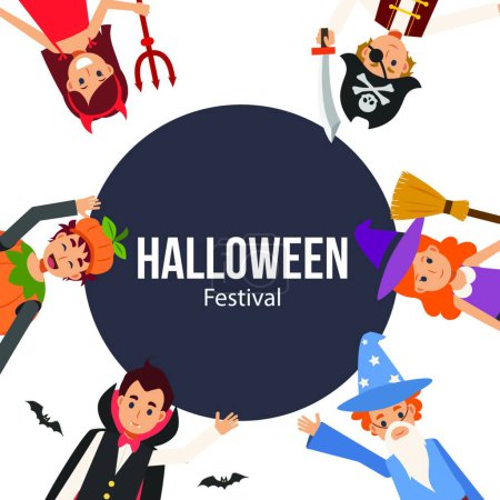 Téléchargez les illustrations : "Children in variety Halloween costume are enjoy. Halloween banne" - en licence libre de droit