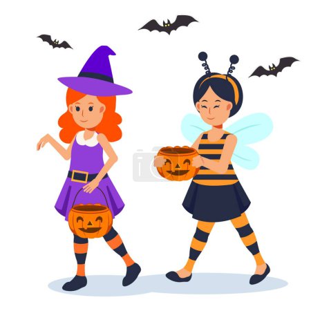 Ilustración de 2 niñas lindas en disfraz de Halloween, vector ilustración diseño simple - Imagen libre de derechos