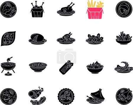 Téléchargez les illustrations : "Best national dish black glyph icons set on white space" - en licence libre de droit