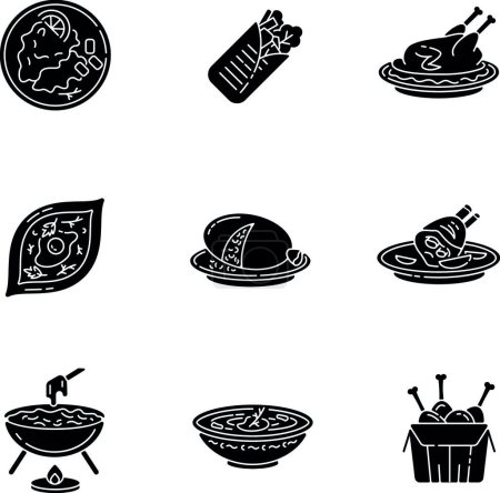 Téléchargez les illustrations : "Cafe meals black glyph icons set on white space" - en licence libre de droit
