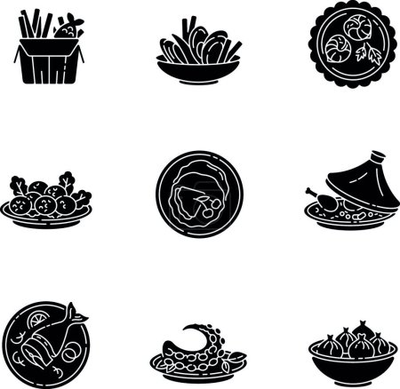 Téléchargez les illustrations : "Restaurant dishes black glyph icons set on white space" - en licence libre de droit