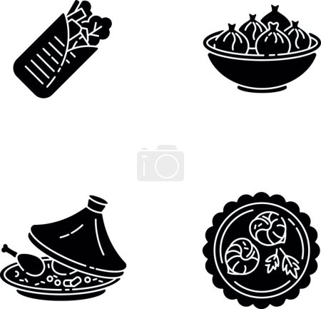 Téléchargez les illustrations : "Traditional dish black glyph icons set on white space" - en licence libre de droit