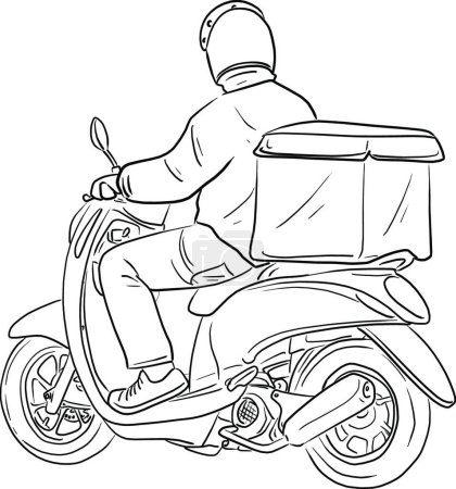 Ilustración de "Delivery man riding motorcycle with box at the back vector illus" - Imagen libre de derechos