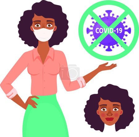Téléchargez les illustrations : Femme d'affaires africaine en masque, illustration vectorielle design simple - en licence libre de droit