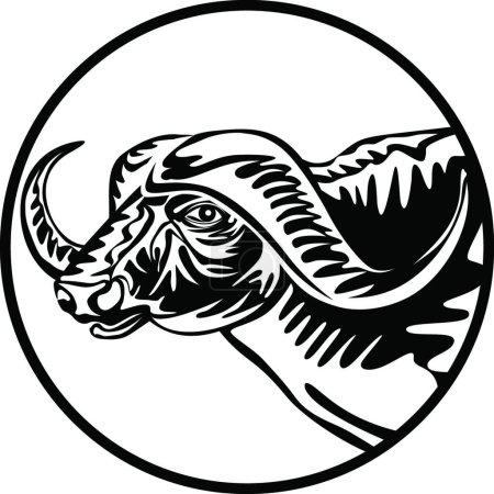 Téléchargez les illustrations : "Head of an African Buffalo or Cape Buffalo Front View Retro Black and White " - en licence libre de droit
