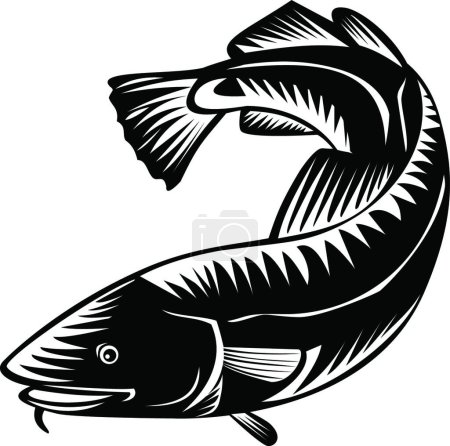 Ilustración de "Bacalao Atlántico Gadus Morhua o Codling Vista Lateral Estilo Woodcut Blanco y Negro" - Imagen libre de derechos