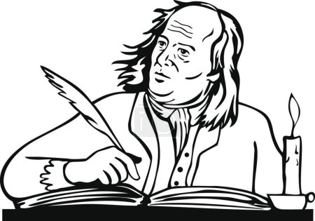 Téléchargez les illustrations : "Benjamin Franklin American Polymath et père fondateur des États-Unis Écrire rétro noir et blanc" - en licence libre de droit