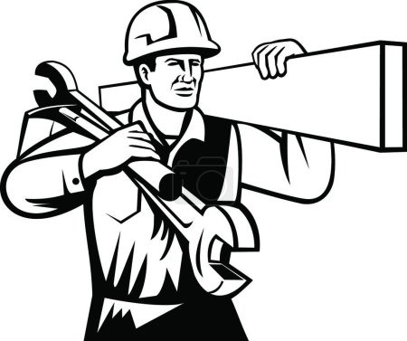 Illustration for "Handyman or Builder Carrying Timber Spanner and Spade Retro Black and White" - Royalty Free Image