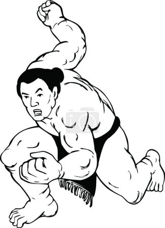 Ilustración de "Luchador de sumo profesional o Rikishi en posición de lucha Ukiyo-E o estilo blanco y negro de Ukiyo " - Imagen libre de derechos