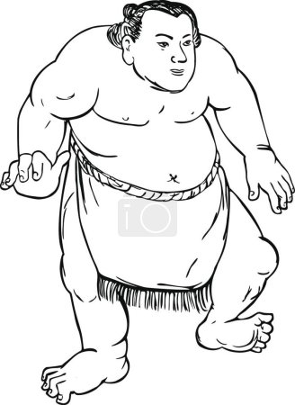 Illustration for "Professional Sumo Wrestler or Rikishi in Fighting Stance Ukiyo-E or Ukiyo Black and White Style " - Royalty Free Image