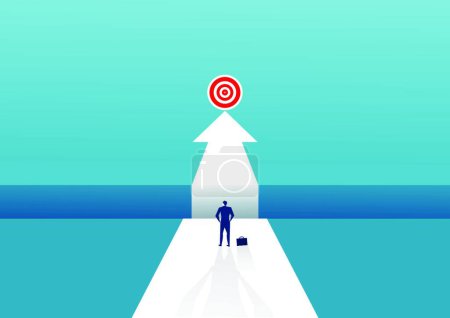 Illustration for Businessman standing with thinking overcomes obstacle chasm on way to success. Achievement and challenge, businessman obstacle overcoming - Royalty Free Image