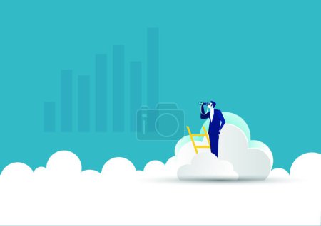 Téléchargez les illustrations : "homme d'affaires sur échelle avec télescope sur cloud.leadership, opportunité," - en licence libre de droit