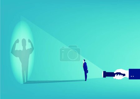 Illustration for Businessman looking at his own strong personality shadow from the flashlight concept. - Royalty Free Image