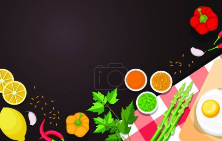 Téléchargez les illustrations : Œuf Légumes citron sur la table de cuisson Cuisine toile de fond Illustration - en licence libre de droit