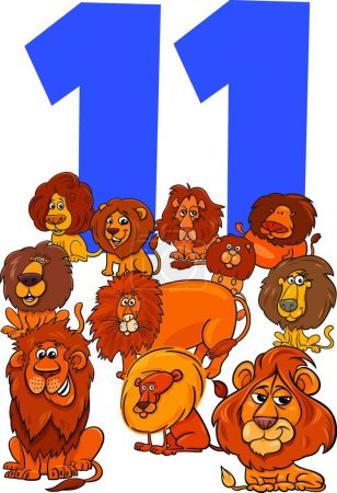 Illustration for Number eleven for kids with cartoon lions group - Royalty Free Image