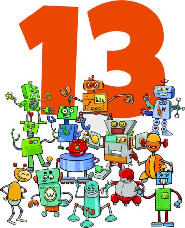 Ilustración de Número trece y grupo de robots de dibujos animados - Imagen libre de derechos