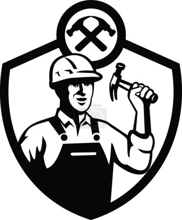 Téléchargez les illustrations : "Constructeur charpentier tenant un bouclier de marteau rétro noir et blanc" - en licence libre de droit