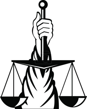 Illustration for "Hand of Lady of Justice Holding Weighing Scale Retro Black and White " - Royalty Free Image