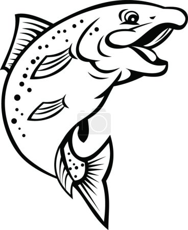 Téléchargez les illustrations : "Joyeux poisson arc-en-ciel ou saumon sautillant caricature noir et blanc" - en licence libre de droit