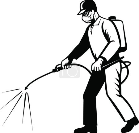 Illustration for "Pest Control Exterminator Spraying Chemical Disinfectant Pesticide Retro Black and White" - Royalty Free Image