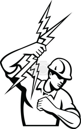 Téléchargez les illustrations : "Power Lineman Electricien jetant foudre Bolt noir et blanc rétro" - en licence libre de droit