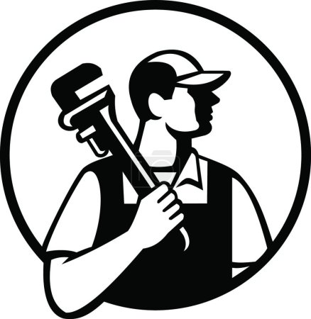 Illustration for "Plumber Holding Pipe Wrench Looking to Side Circle Retro Black and White" - Royalty Free Image