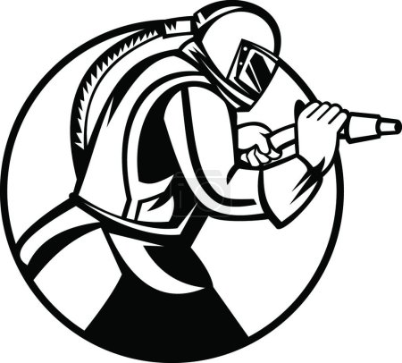 Illustration for "Sandblaster Abrasive Blasting Side View Circle Mascot Black and White" - Royalty Free Image