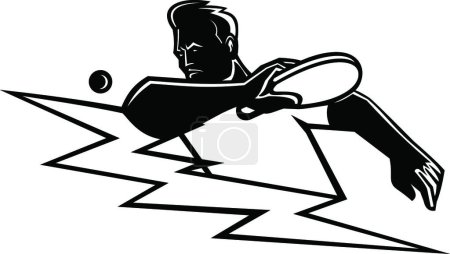 Illustration for Table Tennis Player Striking Ping Pong Ball Lightning Bolt Mascot Black and White - Royalty Free Image