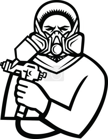 Illustration for Industrial Spray Painter Holding Spray Paint Gun Mascot Black and White - Royalty Free Image