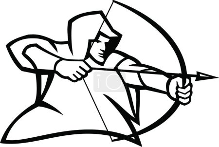 Ilustración de Arquero medieval disparando un arco y flecha mascota en blanco y negro - Imagen libre de derechos