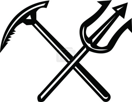 Illustration for Crossed Climbing Mountaineering Ice Axe and Trident Mascot Black and White - Royalty Free Image