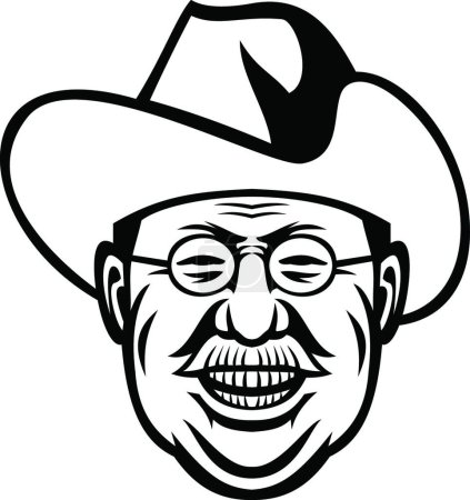 Illustration for American President Theodore Roosevelt Rough Riders Head Mascot Black and White - Royalty Free Image