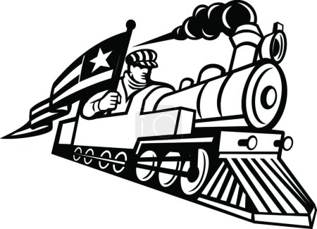 Illustration for American Train Engineer Driving Steam Locomotive Mascot Black and White - Royalty Free Image