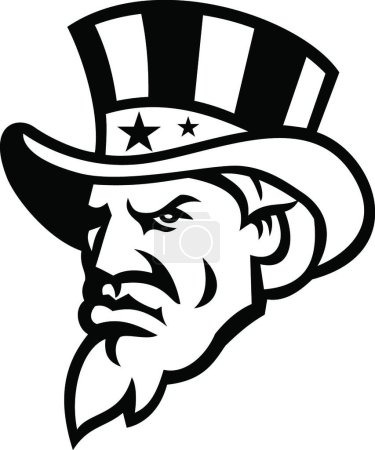 Téléchargez les illustrations : Mascotte Head of American Uncle Sam Wearing USA Top Hat Noir et Blanc - en licence libre de droit