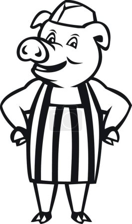 Téléchargez les illustrations : Porter des mains de tablier de porc boucher sur la hanche bande dessinée noir et blanc - en licence libre de droit