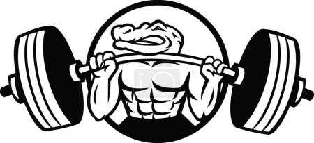 Illustration for Alligator Lifting Heavy Barbell Weight Circle Mascot Black and White - Royalty Free Image