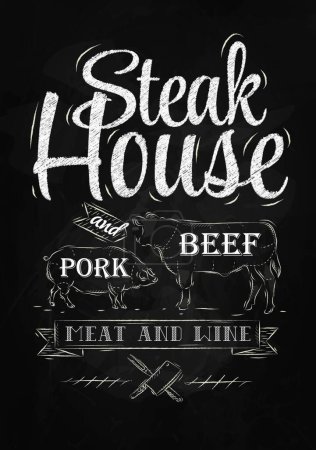 Téléchargez les illustrations : Affiche steak house, illustration vectorielle design simple - en licence libre de droit