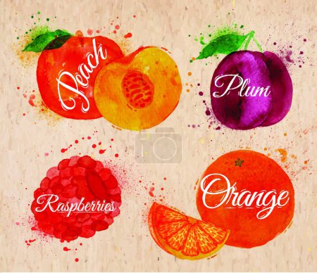 Téléchargez les illustrations : Aquarelle de fruits pêche, framboise, orange kraft, illustration vectorielle design simple - en licence libre de droit