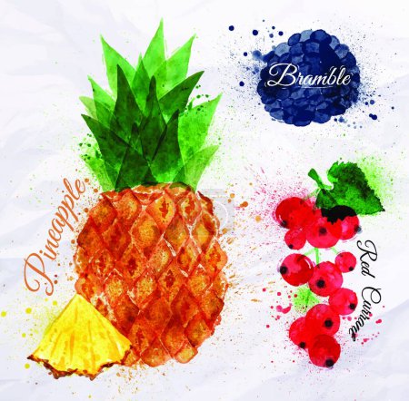 Téléchargez les illustrations : Fruit aquarelle ananas, ronce, groseille rouge, illustration vectorielle conception simple - en licence libre de droit