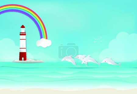 Illustration for Lighthouse with Dolphin in the sea and rainbow background paper - Royalty Free Image