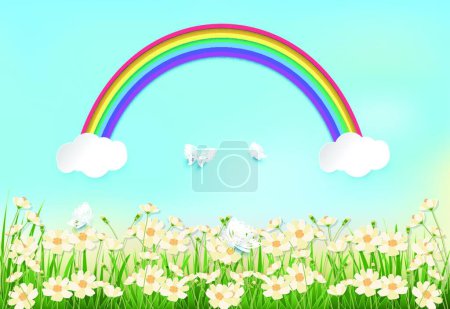Illustration for Cosmos flowers field and rainbow on blue sky background - Royalty Free Image