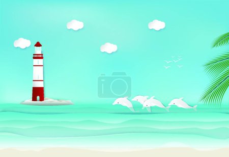 Illustration for Lighthouse and Dolphin in the sea background paper art, vector illustration simple design - Royalty Free Image