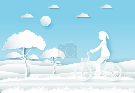 Illustration for Girl riding a bicycle in the field on blue sky paper art, vector illustration simple design - Royalty Free Image