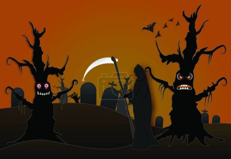 Illustration for Grim reaper in cemetery and dark forest Halloween paper art - Royalty Free Image