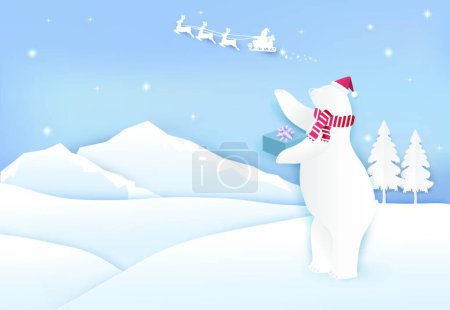 Téléchargez les illustrations : Père Noël et ours polaire avec des boîtes-cadeaux et fond de style art papier neige - en licence libre de droit